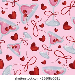 seamless pattern with original glasses buds and pink drink with berries in the shape of a heart and red bows on a pink background, for valentine's day