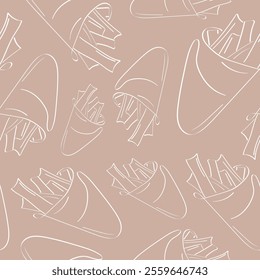 seamless pattern with original icons of fried potatoes in a bag in line art style on a beige background