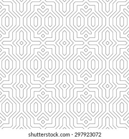 Seamless pattern. Original linear texture. Repeating geometrical shapes, lines, squares, polygons, hexagons, rhombuses. Monochrome. Backdrop. Web. Vector element of graphic design