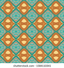 Seamless pattern with original Scandinavian ornaments in blue and brown colors. Vector illustration