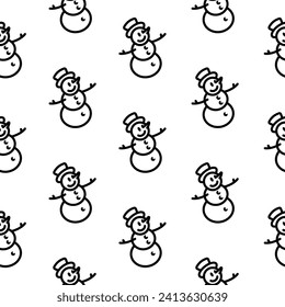 Seamless pattern. Original vector illustration. The icon of a kind snowman in a top hat. Hand drawn, not AI