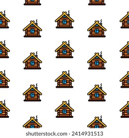 Seamless pattern. Original vector illustration. The icon of a cozy wooden house made of timber. Hand drawn, not AI