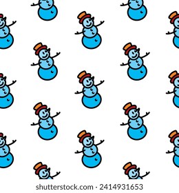 Seamless pattern. Original vector illustration. The icon of a kind snowman in a top hat. Hand drawn, not AI