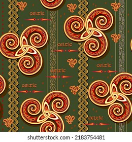 Seamless pattern ornament. Abstract background with gold triple trickle spiral and Celtic knot ornament. Luxury ornate picture for design fabric, print, wallpaper. Vector illustration.
