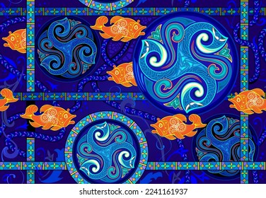 Ornamento de patrón sin foco. Antecedentes abstractos con antiguos peces celtas dorados y adorno espiral triple de goteo. Lujoso cuadro ornamentado para la tela de diseño, impresión, papel pintado. Ilustración vectorial.
