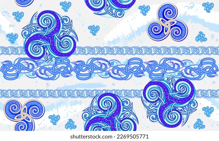 Seamless pattern ornament. Abstract background with ancient Celtic triskelion and triple trickle spiral symbols. Luxury ornate picture for design, fabric, print, mural wallpaper. Vector illustration.