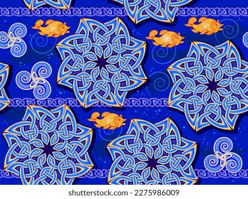 Seamless pattern ornament. Abstract background with ancient Celtic knot and triskelion spiral symbols. Luxury ornate picture for design, fabric, print, mural wallpaper. Vector illustration.