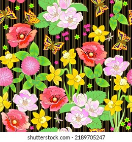 Ornamento de patrón sin foco. Resumen del fondo floral. Lujo con flores de verano y mariposas para papel mural, tela, decoración, ropa. Ilustración vectorial.