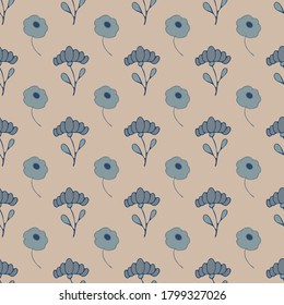 seamless pattern, ornament of blue flowers and leaves, beige background