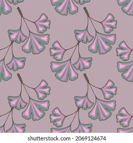 Seamless pattern with an ornament of branches of a ginkgo biloba tree with leaves in gray-pink shades.  Vector illustration background for different design. 