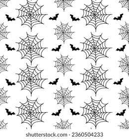 Seamless pattern ornament celebrate Halloween wallpaper doodle style. Hand drawn spider web and bat silhouette. Design greeting card, invitation, party, wrapping paper, simple backgrounds. Vector 