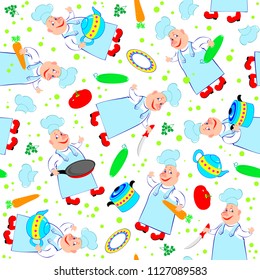 Seamless pattern ornament with cheerful cooks and scattered products. Vector cartoon image.