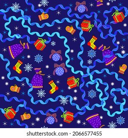 Ornamento de patrón sin foco. Decoración de las vacaciones de Navidad. Ilustración de Año Nuevo festivo con juguetes y cintas de Navidad. Hermoso fondo ornamentado para tela, impresión, papel pintado y textil.
