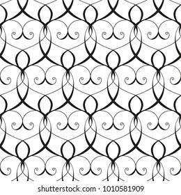 Seamless pattern. Ornament of curls, fantasy hearts.