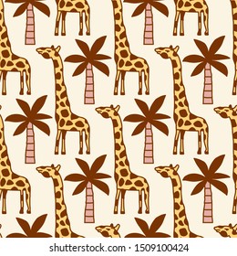 Seamless pattern, ornament of cute hand drawn giraffe and palm.