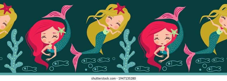 seamless pattern, ornament with
cute little mermaids, seaweed and fish. Children's theme on a blue-green background 