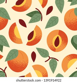 Seamless pattern, ornament of cute, stylized ripe peach, pieces, with seeds and leaves.