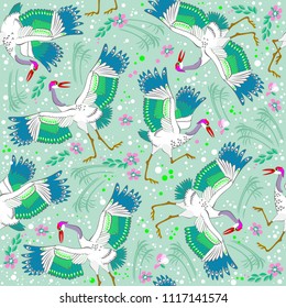Seamless pattern ornament with dancing cranes. Vector cartoon image.