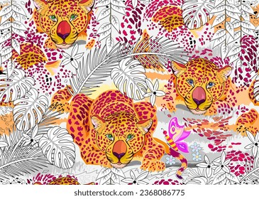 Seamless pattern ornament. Drawing of leopards in tropical jungle forest. Modern decor in animal style. Vector illustration. Template for textile, fabric, wallpaper. Beautiful ornate background.