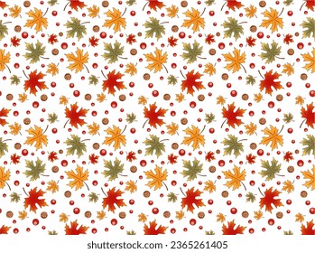 Seamless pattern ornament of fall maple leaves and red berries on white background. Drawing vector illustration. Autumn design greeting card, wallpaper, fabric, print, thanksgiving, harvest holiday. 