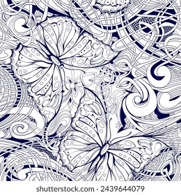 Seamless pattern ornament. Fantasy abstract background. Hand-drawn illustration with floral motifs. Print for fabric, embroidery, wrapping, carpet, wallpaper. Monochrome decor. Vector drawing.