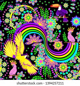 Seamless pattern ornament with fantasy rainbow and tropical birds scattered in the jungle on black background. Modern popular print for wallpaper and textile. Vector cartoon image.