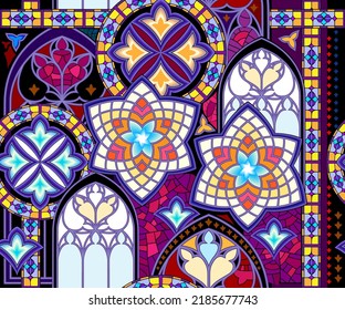 Seamless pattern ornament. Fantasy stain glass decoration. Abstract background with beautiful medieval gothic windows. Luxury ornate design for fabric, print, wallpaper. Vector illustration.