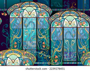 Seamless pattern ornament. Fantasy stain glass decoration. Abstract background with beautiful Art Nouveau style windows. Luxury ornate design for fabric, print, wallpaper. Vector illustration.