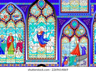 Seamless pattern ornament. Fantasy stain glass decoration. Abstract background with beautiful medieval gothic windows. Luxury ornate design for fabric, print, wallpaper. Vector illustration.