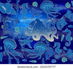 Seamless pattern ornament. Fantasy underwater life. Abstract maritime background. Print for fabric, embroidery, wrapping, carpet, wallpaper. Hand-drawn vector illustration.