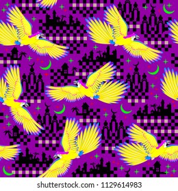 Seamless pattern ornament with flying parrots of the Oriental fairy tale. Vector cartoon image.