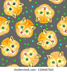 Seamless pattern ornament with funny heads of kittens. Vector cartoon image.
