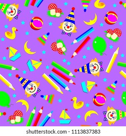 Seamless pattern ornament with funny scattered toys. Vector cartoon image.