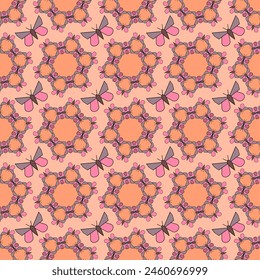 Seamless pattern, ornament of geometric figures of butterflies in combinatorics style on an orange background 