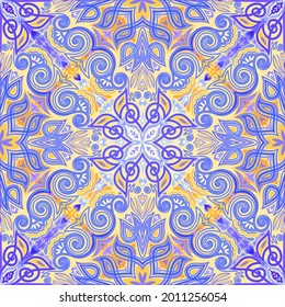 Seamless pattern ornament. Geometric mandala with Eastern ethnic motifs. Fantasy oriental drawing done in kaleidoscopic style. Arabesque tile pattern for fabric, wallpaper, embroidery, decoration.