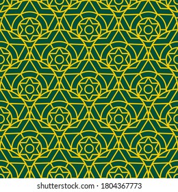Seamless pattern with ornament of golden six-pointed stars on green background. Vector drawing.