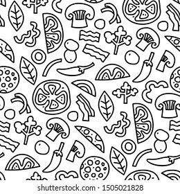Seamless pattern, ornament of graphical, linear food pieces, pizza ingredients.