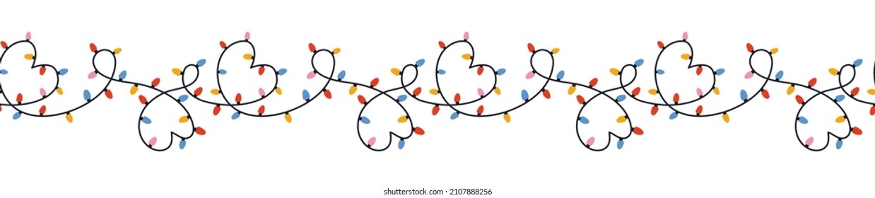 Seamless pattern ornament with hand drawn one line colorful garland string.Happy Valentines Day graphic border frame background. Romantic love hearts vector decoration element.