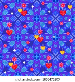 Seamless pattern ornament with holiday sweets. Beautiful wrapping paper for the New Year gifts. Christmas toys scattered over an ornate background. Flat vector illustration.