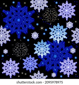 Seamless pattern ornament. Illustration of beautiful silver snowflakes and ice crystals on dark background. Winter holidays decoration. Luxury ornate design for fabric, print, wallpaper and textile.
