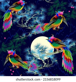 Seamless pattern ornament. Illustration of Chinese birds in night forest. Abstract background with wild tropical nature. Luxury ornate picture for design fabric, print, wallpaper. Vector drawing.