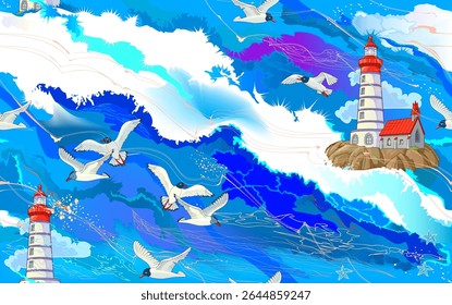 Seamless pattern ornament. Illustration of fantasy sea environment with lighthouse, waves and seagulls. Marine background. Drawing for fabric, embroidery, wrapping, wallpaper. Hand-drawn vector.