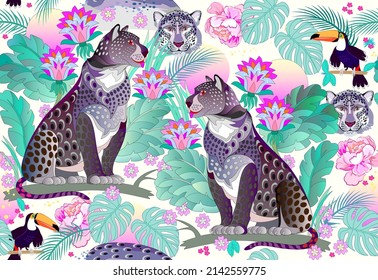 Seamless pattern ornament. Illustration of leopards in jungle. Abstract background with wild tropical nature. Luxury ornate picture for design fabric, print, wallpaper. Vector illustration.