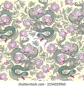 Seamless pattern ornament. Illustration of stylized snakes in jungle. Abstract background with wild tropical nature. Luxury ornate picture for design fabric, print, wallpaper. Vector illustration.