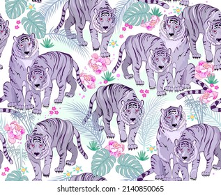 Seamless pattern ornament. Illustration of tigers in jungle. Abstract background with wild tropical nature. Luxury ornate picture for design fabric, print, wallpaper. Vector illustration.