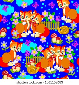 Seamless pattern ornament kids clothes or toys with cute foxes. Modern print ornate for children room wallpaper and textile. Beautiful background. Vector cartoon image.