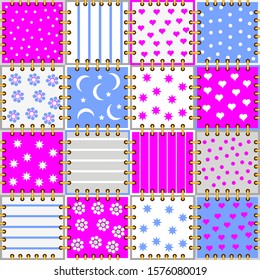 Seamless pattern ornament kids clothes or toys. Background with pieces of colorful fabric sew together. Popular print ornate for children room wallpaper, textile and embroidery. Vector cartoon image.