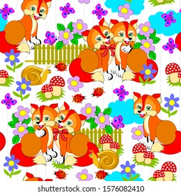 Seamless pattern ornament kids clothes or toys. Cute foxes scattered on white background. Modern print ornate for children room wallpaper and textile. Vector cartoon image.