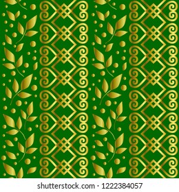 Seamless pattern with ornament, leaves and dots in golden gradient on green background for decoration, wrapping paper, scrapbooking, decoupage, textile, wallpaper, cover, wedding, background