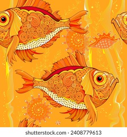 Ornamento de patrón sin foco. Lujo marino con peces dorados y olas de mar. Fantasía bajo el agua. Impresión moderna para diseño, tela, banner, bordado, papel pintado. Ilustración vectorial.